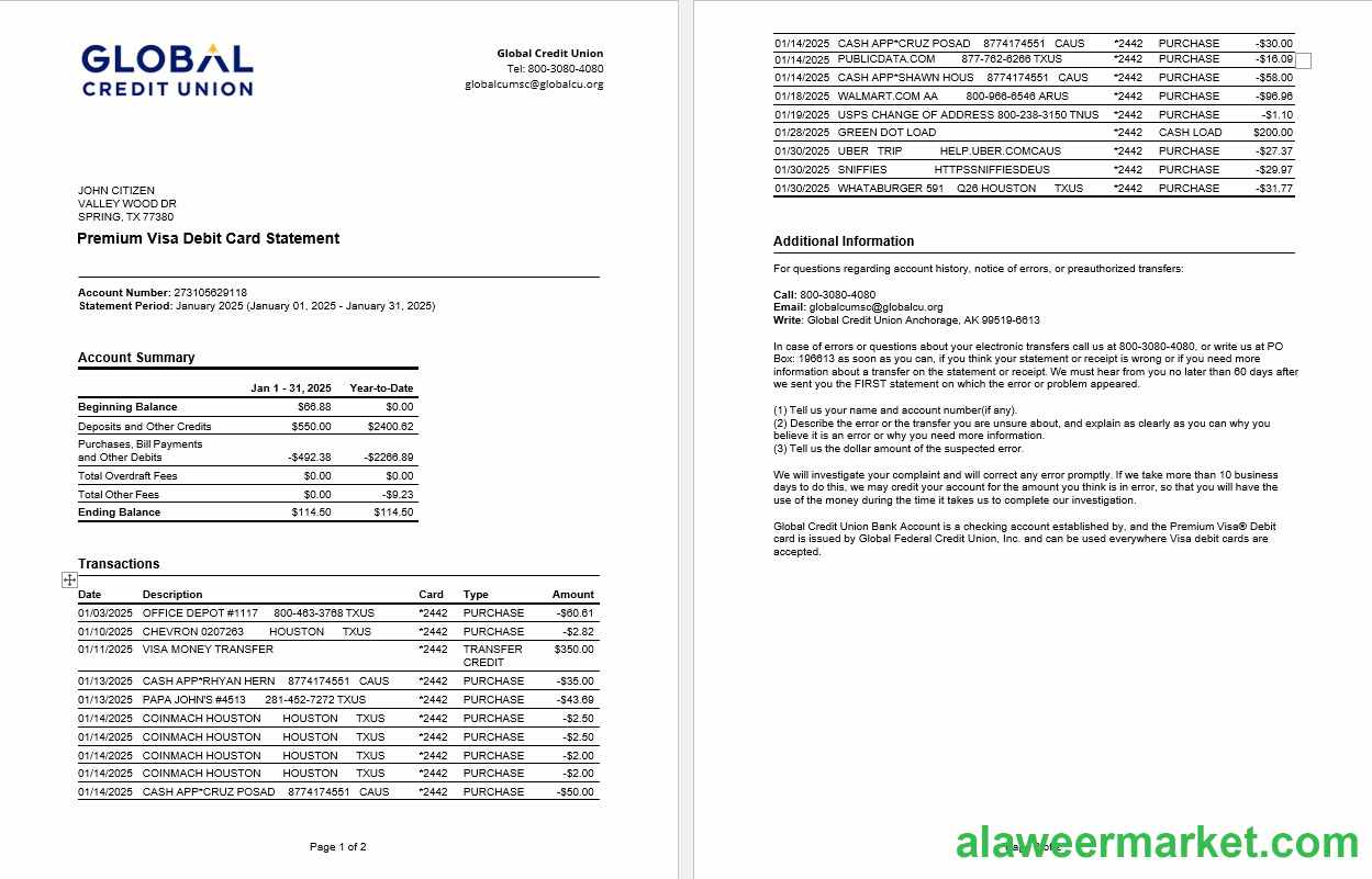 USA Alaska Global Credit Union bank statement, Word and PDF template, 2 pages